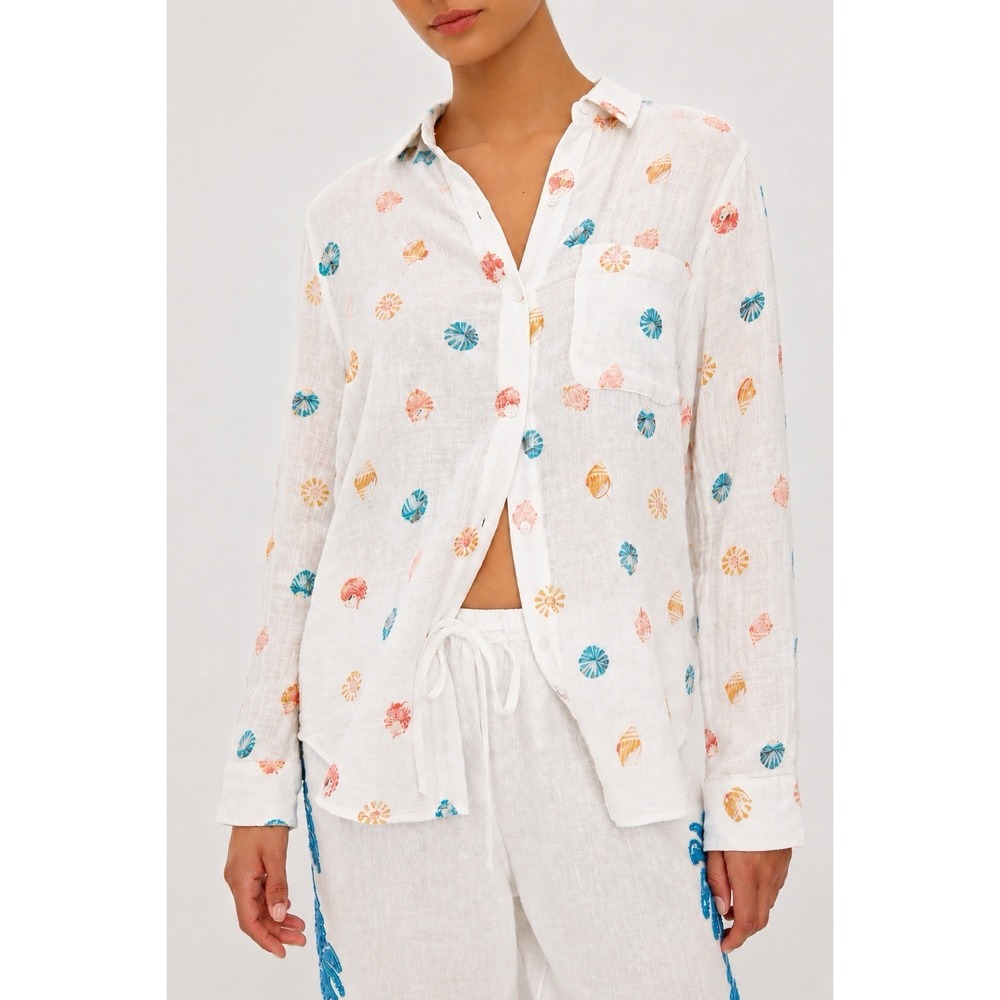 RAILS Charli Beachside Seashell Print Linen Blend Button Front Shirt White XS‎